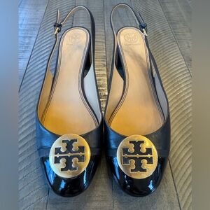 Tory Burch Black Leather Benton Block Heel Slingback Pumps Women’s Size 11